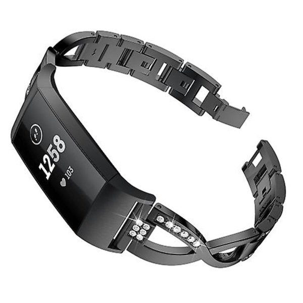 X-formet diamantbesatt metallstålklokkerem for Fitbit Charge 3 Black