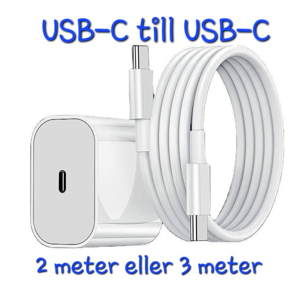 Laddare till Samsung iPhone 15 Adapter Snabbladdare USB-C Kabel 3 meter Vit Adapter + 3 meter