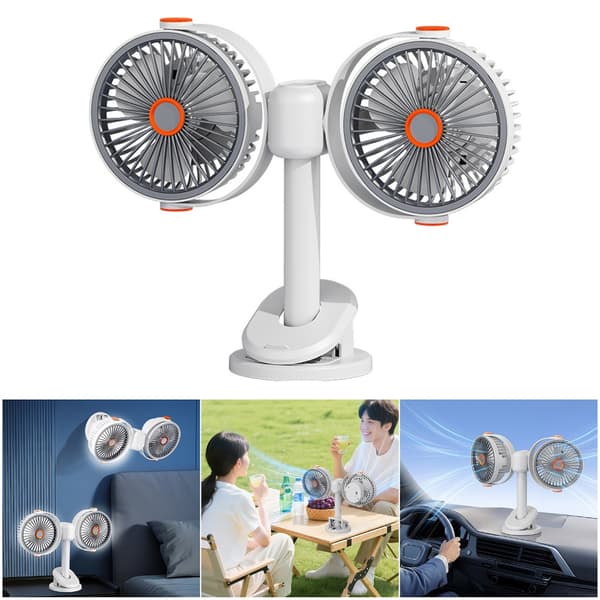 Bordluftcirkulator Dobbelt Hoved Cirkulerende Ventilator med Klips Multifunktionel Justerbar Køleventilator til Bil, Bord