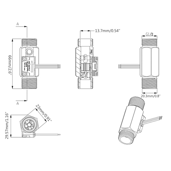 Hall-effektsvattenflödesgivare, flödesmätare med räknare, G1/2, spänning DC3.5~24V