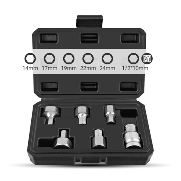 6-delad Hex-bitsats 14/17/19/22/24mm 1/2-tumsx10mm för Elektrisk Skiftnyckel Krom-Vanadium Legering Stål Reparation