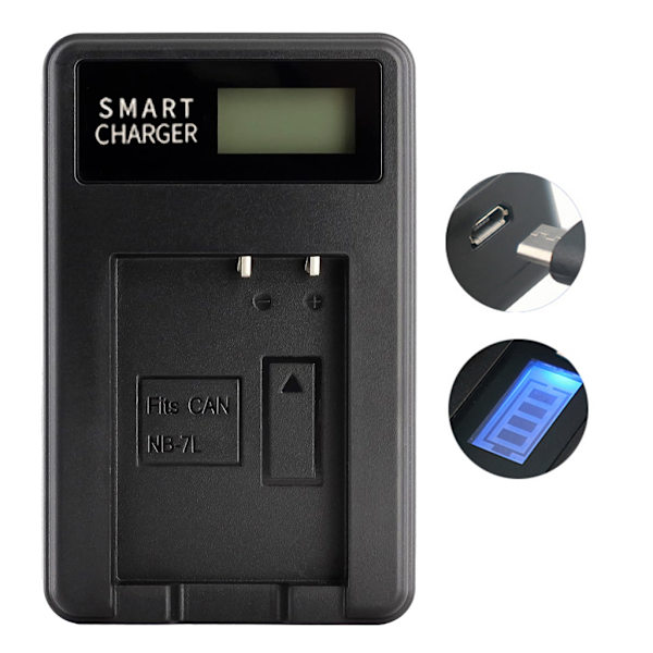 Kompakt ABS-kamerabatteriladdare med LCD-display för NB7L, G11/G12/SX30 IS-kamera - mångsidigt laddningsalternativ med USB-laddare