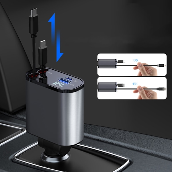 Billaddare med Utökbar Sladd 2 USB C-portar Billaddare Adapter 100W Snabb