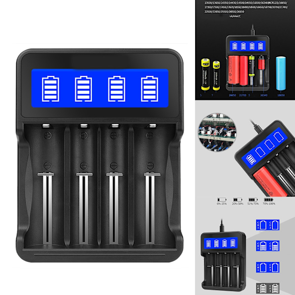 4-fack laddare för uppladdningsbara batterier med LED-display för 18650/AA/AAA