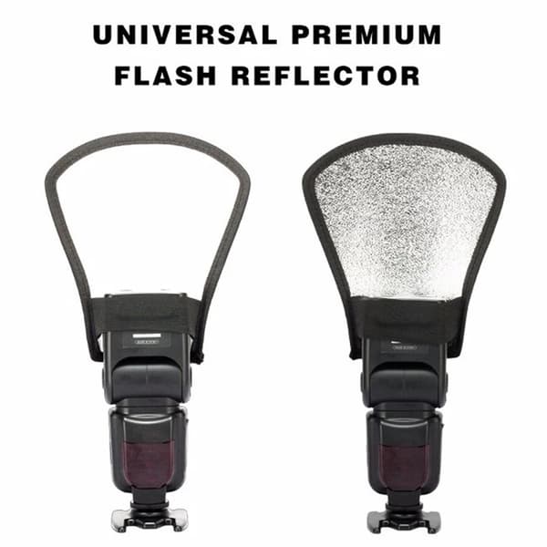 Blitsdiffusorreflektor - Dobbeltsidig sølv/hvit blitsreflektor med elastisk stropp for de fleste speedlight-blitser