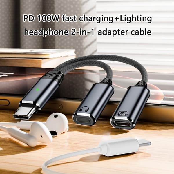 2 I 1 Typ C Splitter till Typ C USB C Hörlursljudadapter Laddning Grey A