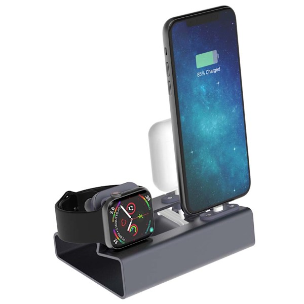 Metallladdningsstativ 3-i-1-laddare för  1/2 för Apple Watch Series 1/2/3/4 Nätadapter 1 st Gray