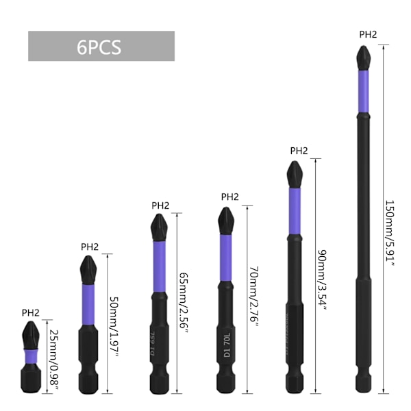 6-pack PH2 Korsmejselset Magnetisk Batchhuvud Slagborrbit Skruv Legering