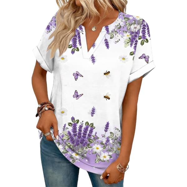 Kvinders kortærmede V-hals bluser, arbejdsbluser, forretningsoutfits, modetøj Lavender XL