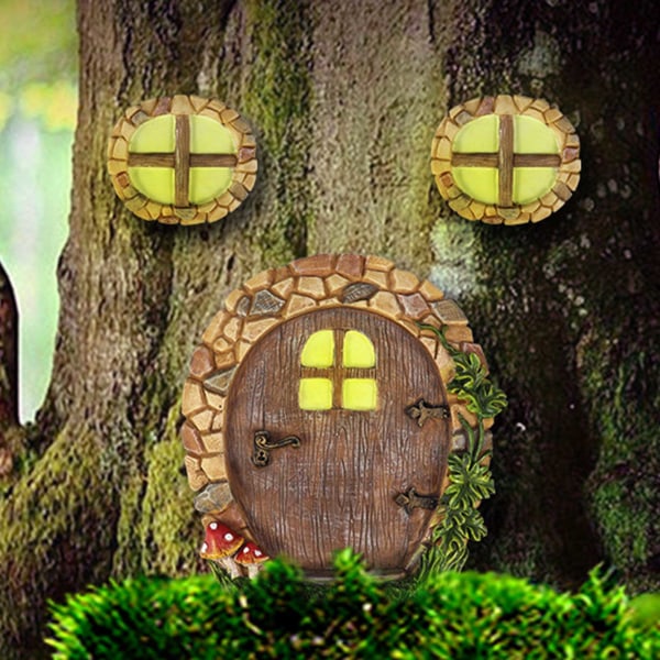 Glödande Fairy Door och för Windows Kit Miniatyr Resin Staty Gnomes Träd Ornam