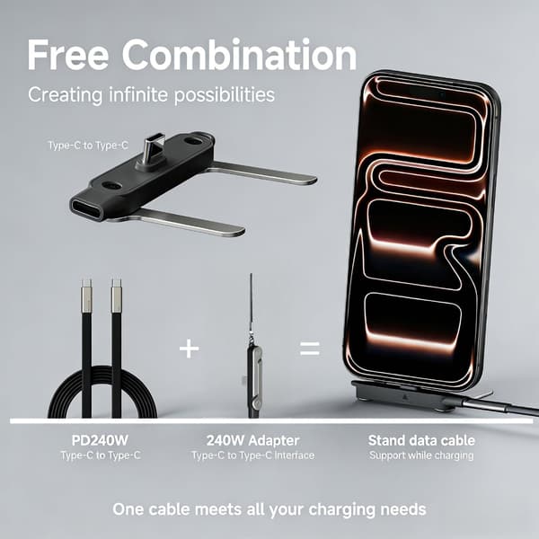 240W TypeC til TypeC Stand Adapter, 2026 Ny Usynlig Holder Adapter Kabel Stand Adapter, Type C til TypeC Hurtig Opladning til Smartphones Tablets Telefon 2