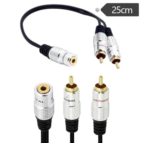 Forgyldt computerkabeladapter 3,5 mm til 2RCA konverterledning hun til han Y splitterledning sort
