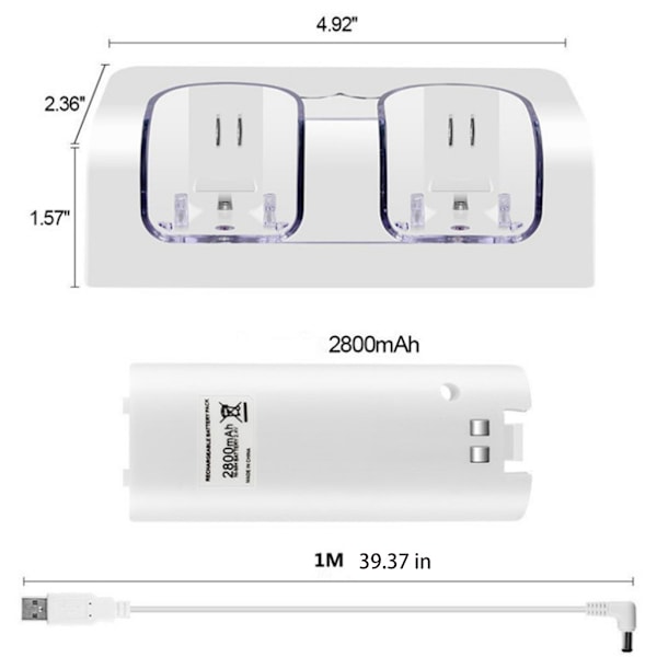ABS Säker Dubbel Laddningsstation för Wii-kontroll med 2800MAH Uppladdningsbar Stabil och Ljudlös för Wii-kontroll