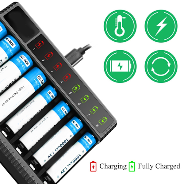8-fackars AA AAA Batteriladdare USB C-ingång Snabbladdning Oberoende Laddningsfack