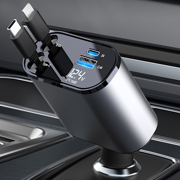 Billaddare med Utökbar Sladd 2 USB C-portar Billaddare Adapter 100W Snabb