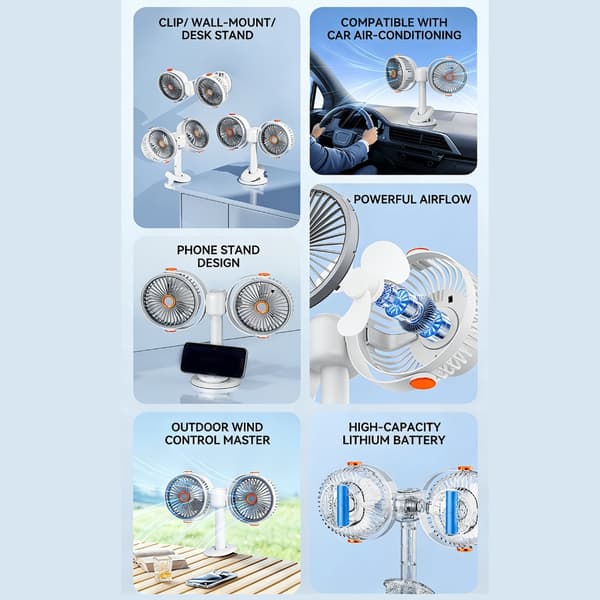 Bordluftcirkulator Dobbelt Hoved Cirkulerende Ventilator med Klips Multifunktionel Justerbar Køleventilator til Bil, Bord