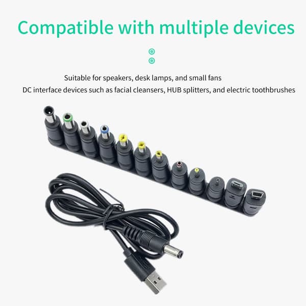Multifunksjonell USB til 5.5x2.1mm 5V Ladekabel Strømforsyningskabel + Adaptere