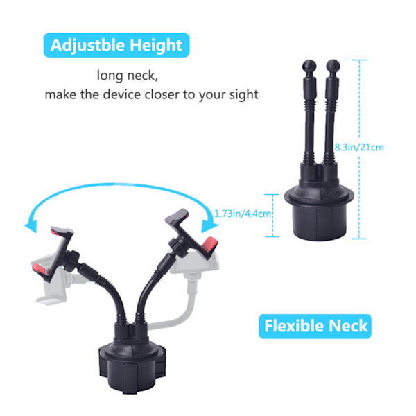 Dubbel mobiltelefonhållare för bil Dubbel mugghållare Stabil Anti-glid Universell telefonhållare 360° roterbar plastfäste 1 st Gray
