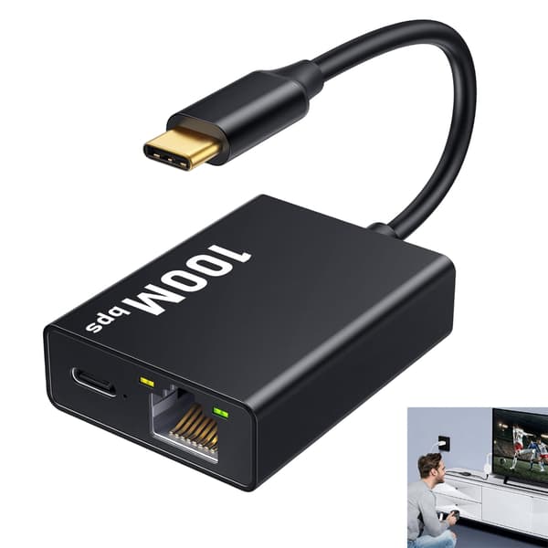 USB-C–RJ45-sovitin 100 Mbps lataustoiminnolla työmatkoille