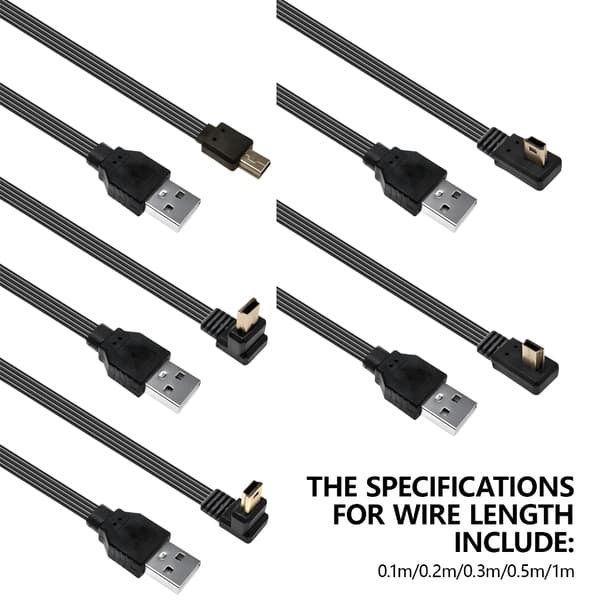 Rettvinklet USB til Mini USB-kabel i silikon, flat ledning egnet for lading 10cm Bend right