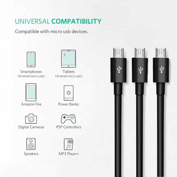 Micro USB Splitter Kabel Data Synk Adapter Kabel Split Micro USB Anslutning White