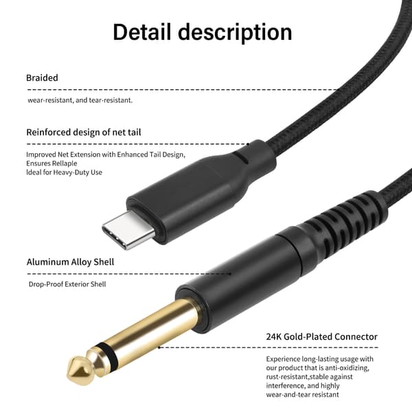Professionelt USB C til 6,35 mm instrumentkabel til digital optagelse 2m
