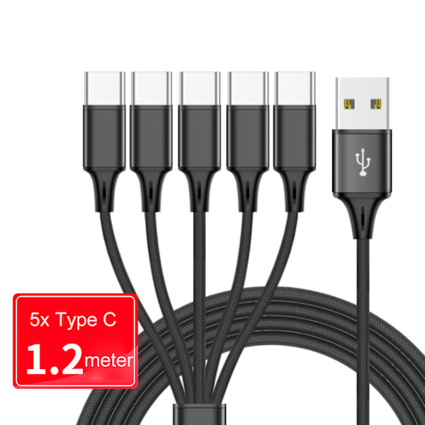 Multi Laddningskabel Nylonflätad Universal 3/4/5 i 1 Multipla Portar USB Snabbladdare Sladd med Typ C Anslutning null - One for five