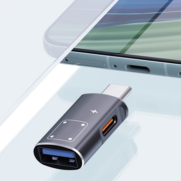 USB C & USB till USB A Adapter med 15W Laddningsport USB A Typ C Hona till USB C Hane OTG Adapter Dataöverföringsadapter Silver
