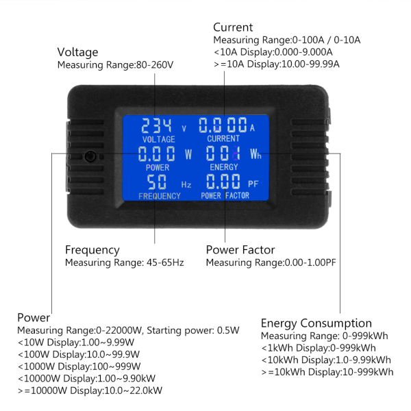 Digital power Wattmätare 100A 6 i 1 Övervakare för elanvändning Spänning Voltmätare Amperemeter Socket Tester Energimätare