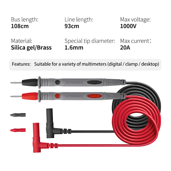 Universal Multimeter Testledningar Sond Mjuk Silikon Nålspets Testare Sondtråd