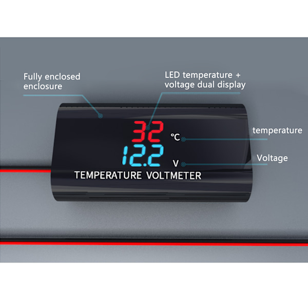 Vattentät för DC 12V Voltmeter Termometer 0,28 tum Dual Display för Bil Motorc