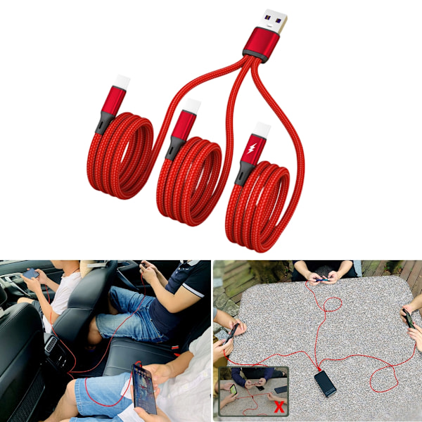 5A Supersnabb Laddningskabel En Drag Tre USB till Type-C Laddningskabel Red 20cm