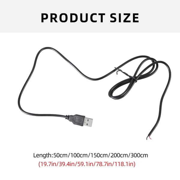 Lige Hoved USB til 2-benet Bar Ledning Åben Ende Strømkabel til DIY Elektronik 2m