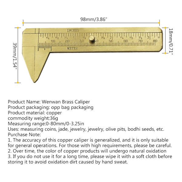 Mini mässing glidmätare Vernier Bead Smycken Bromsok Dubbelskala 80 mm / 3.25in