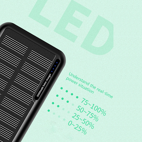 30000mAh Solpanel Powerbank för Smart Mobiltelefon USB Solladdare Bärbar Extern Batteripack