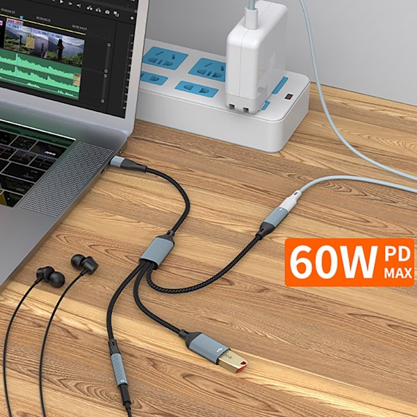 Type C 3 i 1 Adapterkabel USB C til USB Type C 3,5 mm Lyd PD60W Hurtig Opladning OTG Data til Bærbare Computere og Telefoner null -  Type C USB 3.5mm