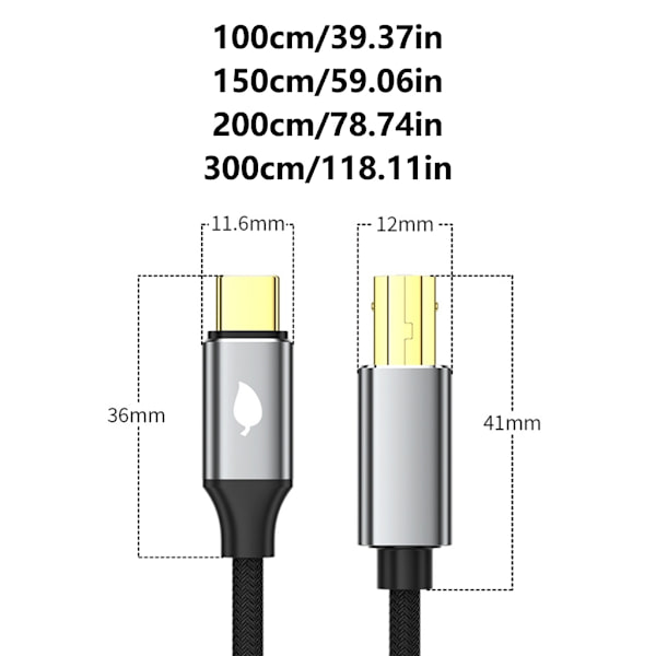 Hurtig USB Type C til USB B printerkabel til printere og scannere 1.5m