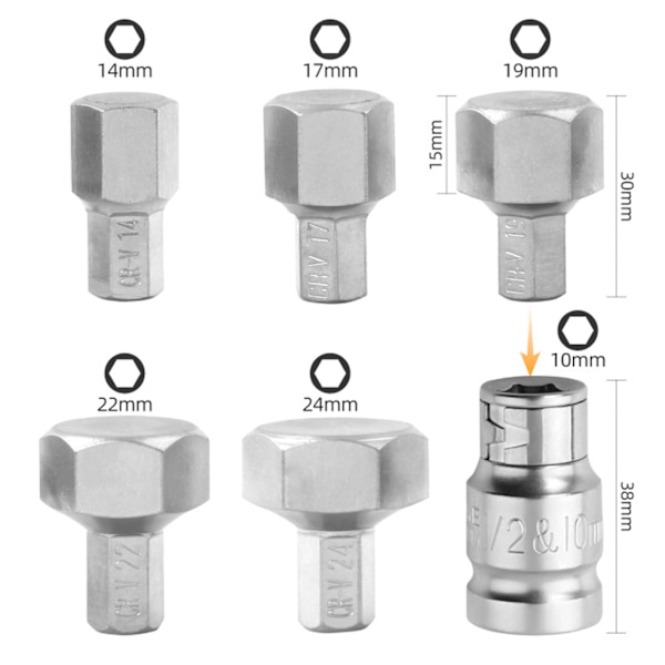 6-delad Hex-bitsats 14/17/19/22/24mm 1/2-tumsx10mm för Elektrisk Skiftnyckel Krom-Vanadium Legering Stål Reparation