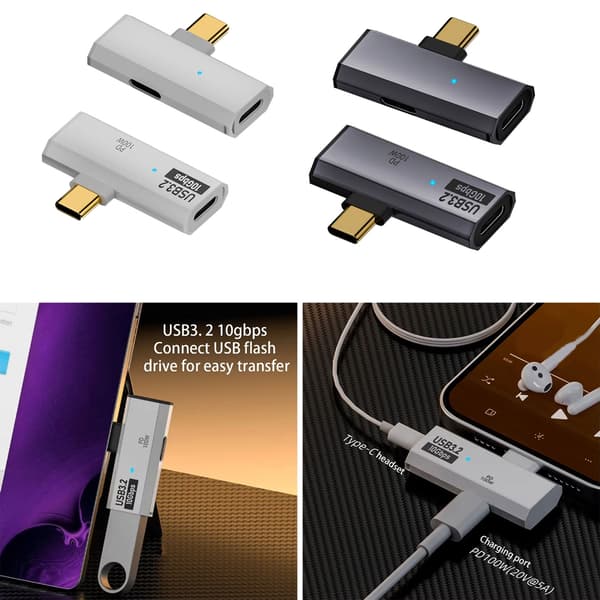 USB C Hörlursladdningsadapter 1 in 2 ut Typ C Adapter 90 Grader USB C 100W Grey