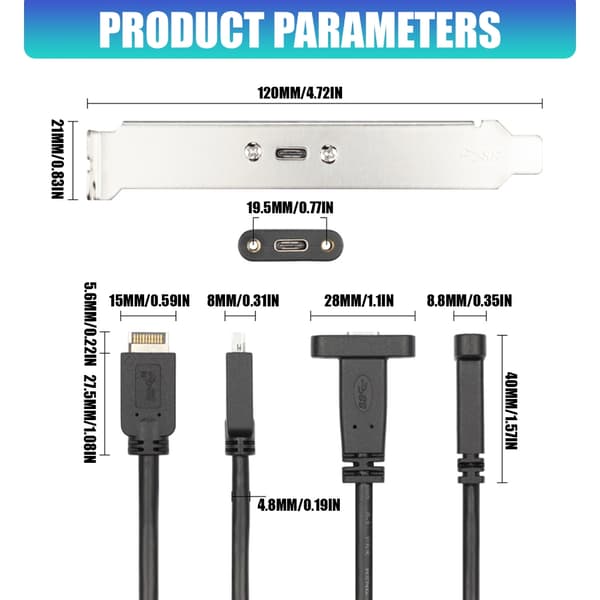 Metall USB E hann til USB C hunn panelmonteringskabel 10 Gbps lading for datamaskin