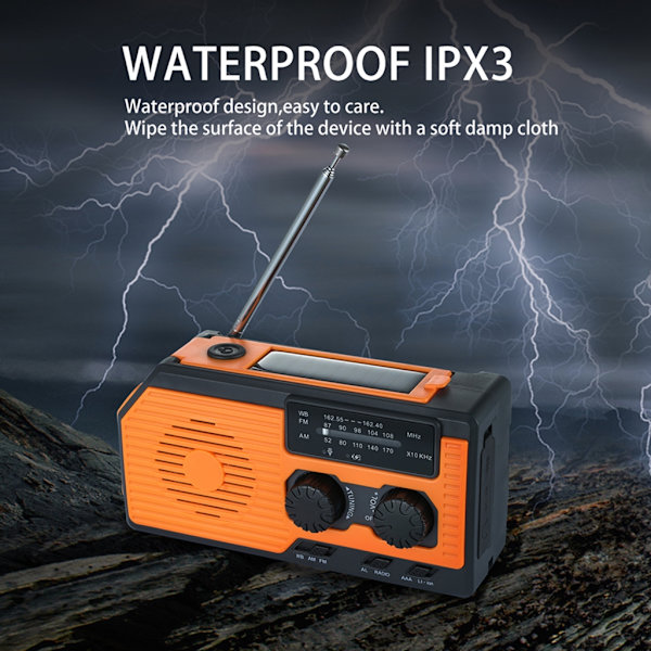 Nödradio NOAA Solenergi Handvev 5000mah Batteri Telefonladdare Strömvisning SOS Ficklampa Väderradio