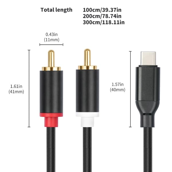 Holdbar USB C til 2RCA Y Splitter Lydkabel til hjemmelyd Bilstereo 3m
