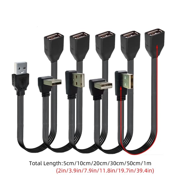 Flat datakabel USB 2.0 forlengelseskabel 90 graders/rett hode hann til hun 0.2m Bend left