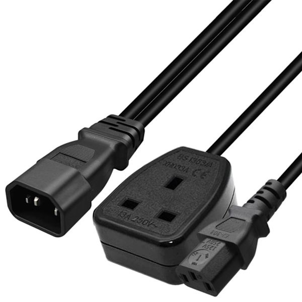 1ft/32cm IEC320 C14 till IEC320 C13+UK13A AC-strömadapterkabel