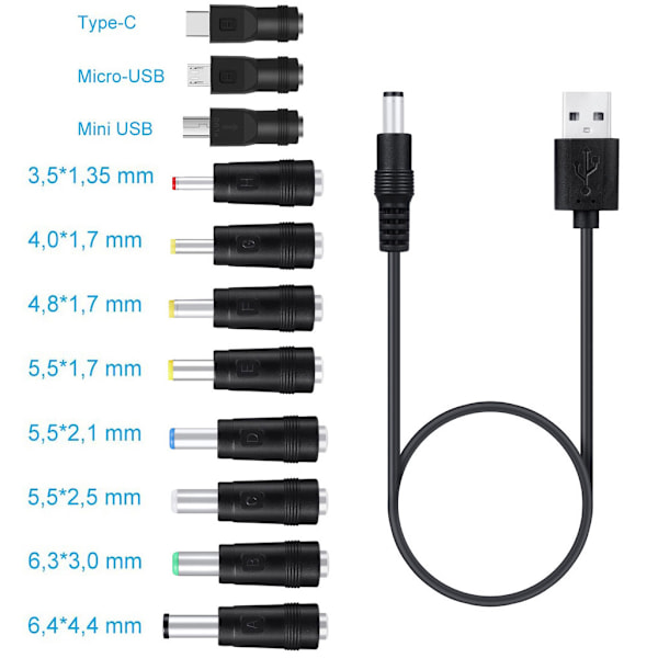 USB till 5,5x2,1 mm 3,5 mm 4,0 mm 4,8 mm 6,4 mm 5,5x2,5 mm Laddningskabel för telefon