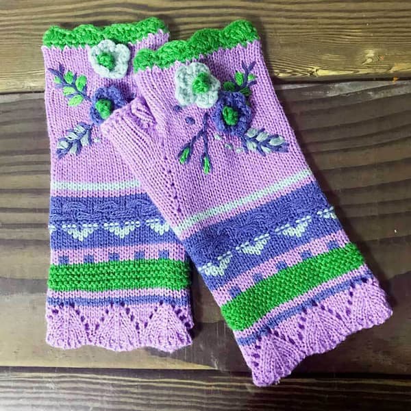 Bløde strikkede fingerløse handsker til kvinder med sødt broderi, vinterhåndledsvarmer Maroon red