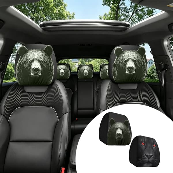 Dobbelt Auto Nakkestøttebeskytter Polyesterkomponent Bjørn/Designs til Køretøj null - Black bearr