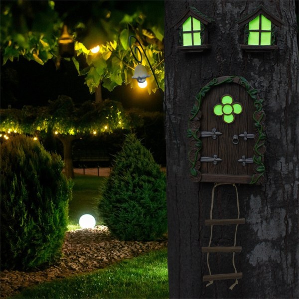 Dockhus Miniatyr Fairy Dörrfönster för träd Glow in The Darks Konst Skulptur Dekoration Miniatyr Fairy Garden