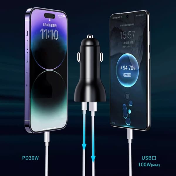 USB 100W PD30W Biloplader med digitalt display til smartphones og tablets USB PD DC5521