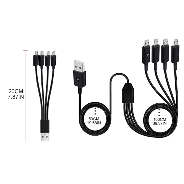 Portabel 4-vägs Micro USB Laddningskabel Multi Laddningskabel Splitterkabel Black 1.5m